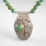 Tanawah Trail necklace. Sterling silver, copper and blue-green turquoise. Also available in jade or red jasper.
